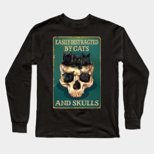 Easily Distracted By Cats And Skulls Skull Long Sleeve T-Shirt